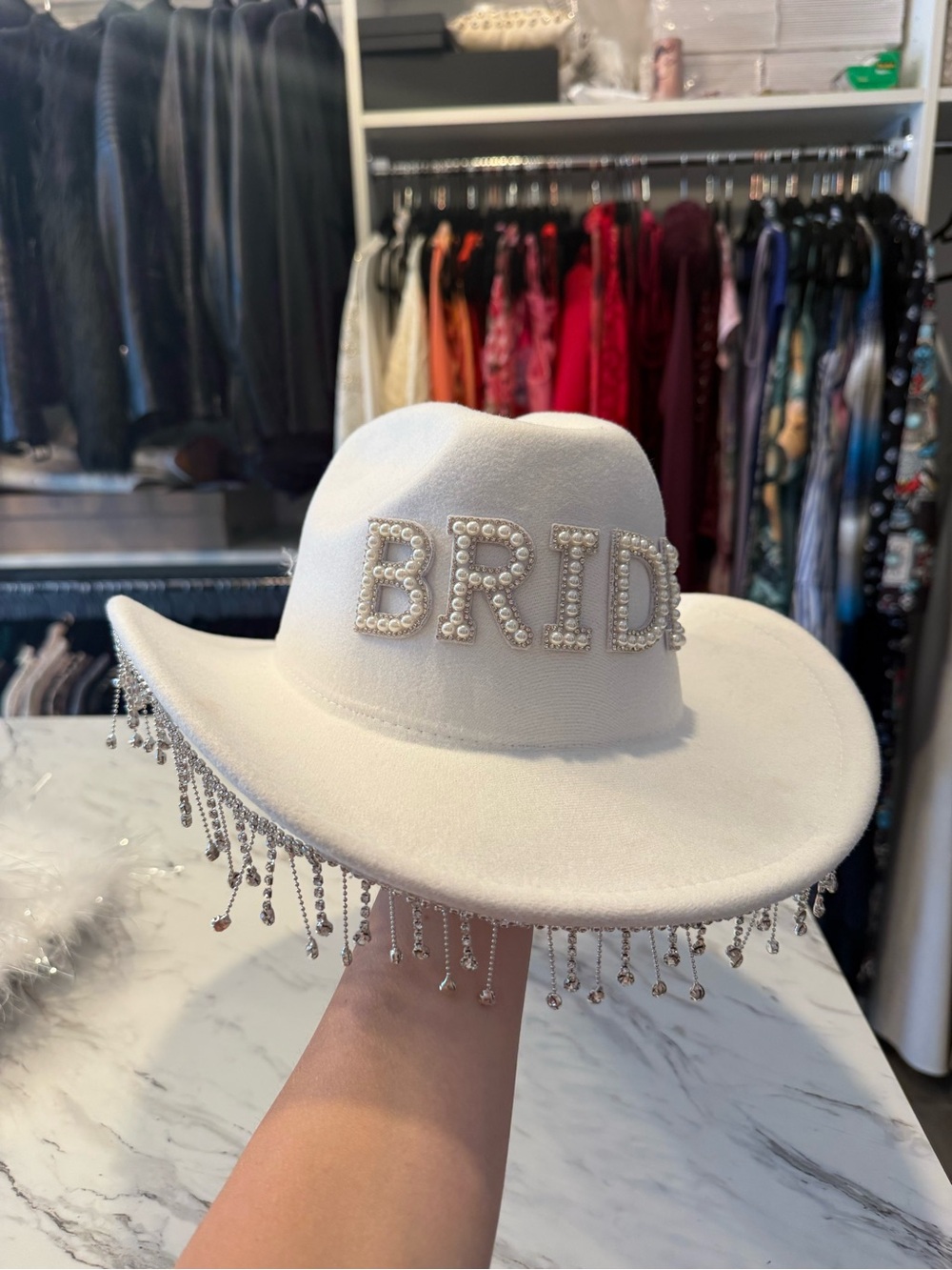Show Me Your MuMu White Bridal Fedora with Pearl 'BRIDE' and Crystal Fringe